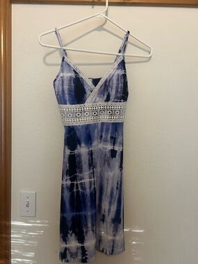 Purple Tie-Dye Boho Lace-Trim Spaghetti Strap Dress